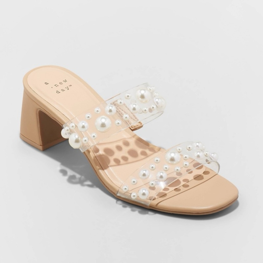 A New Day Tan Slide Sandals with Pearl Embellishments
